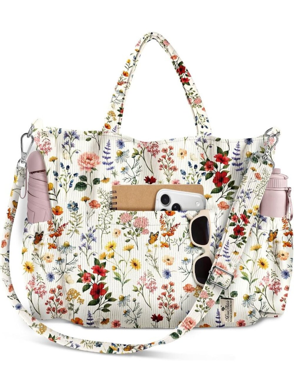 Women's Vintage Flower Corduroy Crossbody Tote Multi Pocket Travel Bag